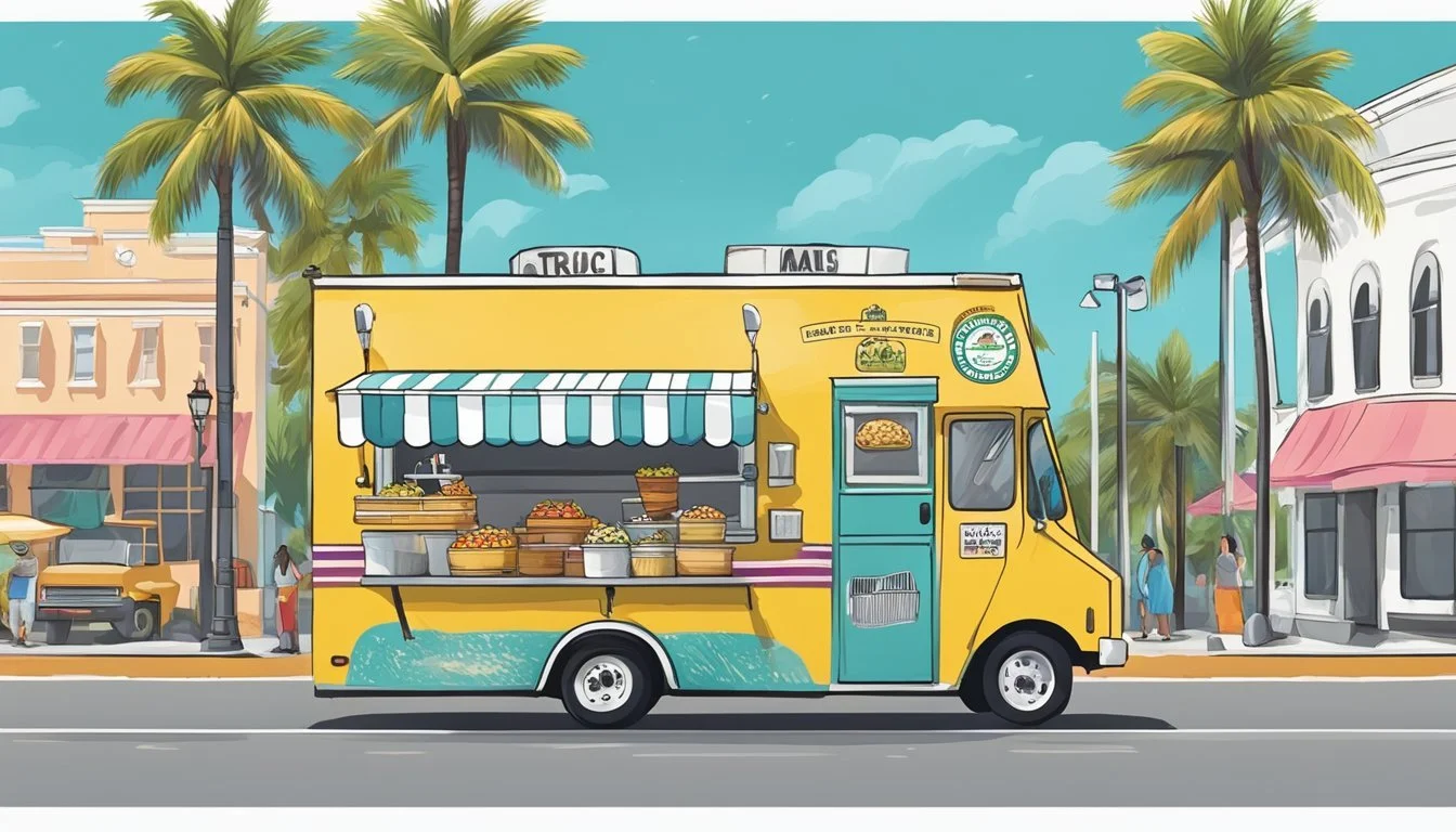 A food truck parked on a bustling street in Port St. Lucie, Florida, with a sign displaying the local laws and regulations for operating a mobile food business