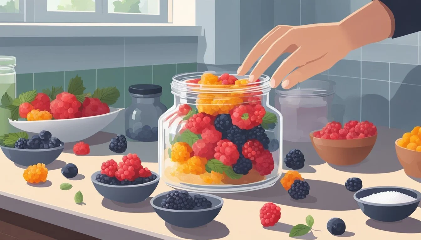 A glass jar filled with fresh berries sits on a kitchen counter. A hand reaches for a small bowl of salt, ready to begin the process of lacto-fermentation