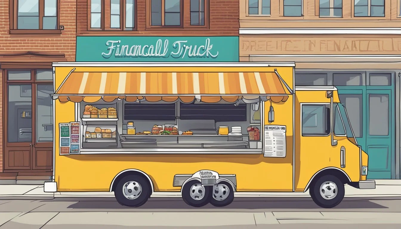 A food truck parked on a city street in Oklahoma City, with a sign displaying &quot;Financial Considerations Food Truck Laws&quot; prominently