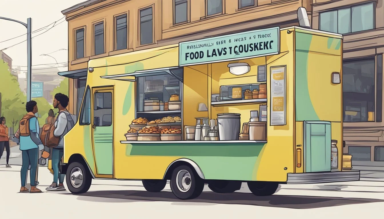 A food truck parked on a city street, with a line of customers waiting to order. Signs display "Frequently Asked Questions Food Truck Laws Vancouver, Washington"