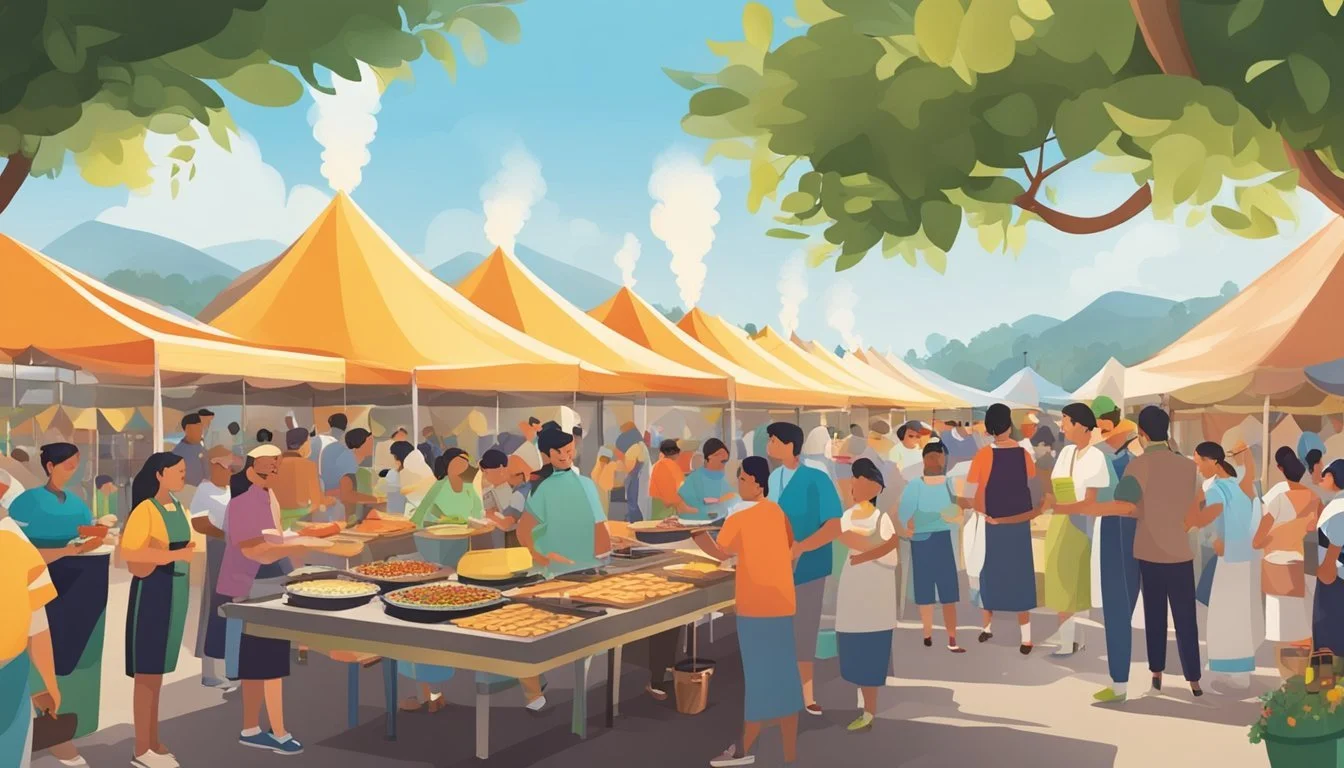 The bustling food festival features colorful tents, sizzling grills, and aromatic smoke rising from various cuisines. Patrons eagerly sample dishes while chefs skillfully prepare their creations