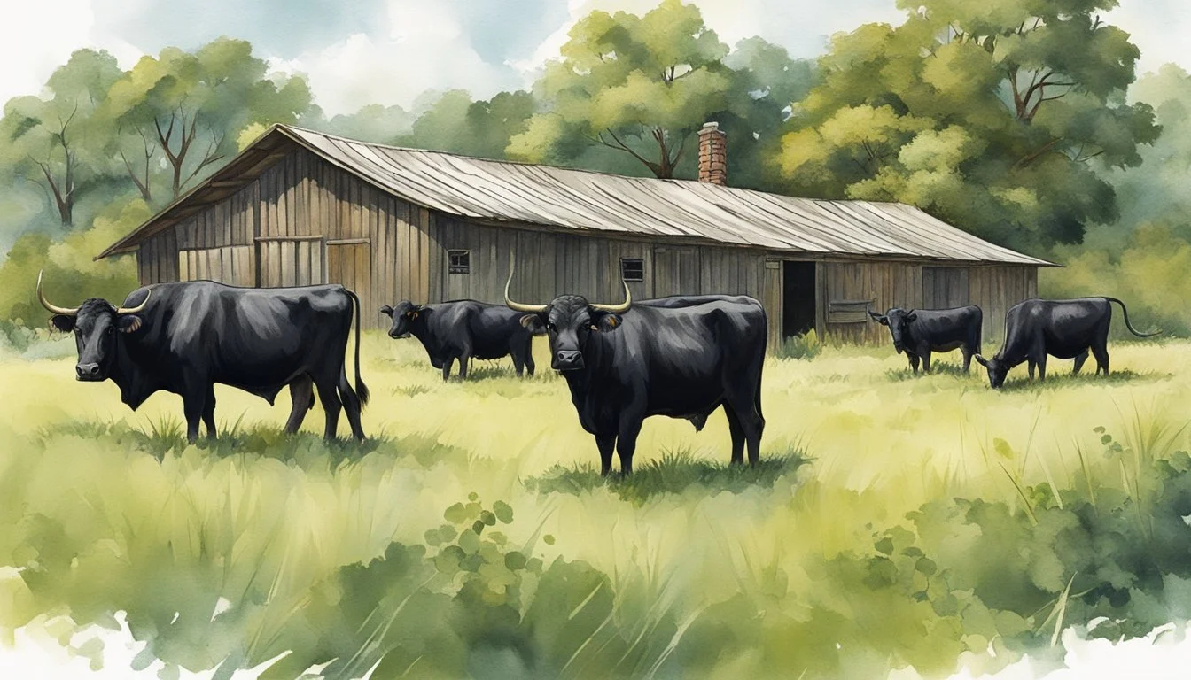 A group of Dexter cattle graze in a lush green pasture, their small, sturdy frames and distinctive black and red coloring standing out against the backdrop of a rustic homestead