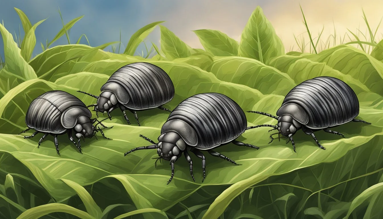 Pillbugs crawling on damaged crops, surrounded by protective barriers