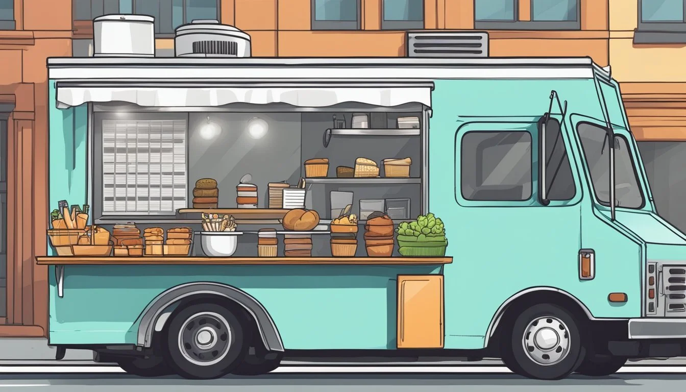 A food truck parked on a city street, displaying required permits and licenses on the exterior. A city official inspects the truck for compliance with local regulations