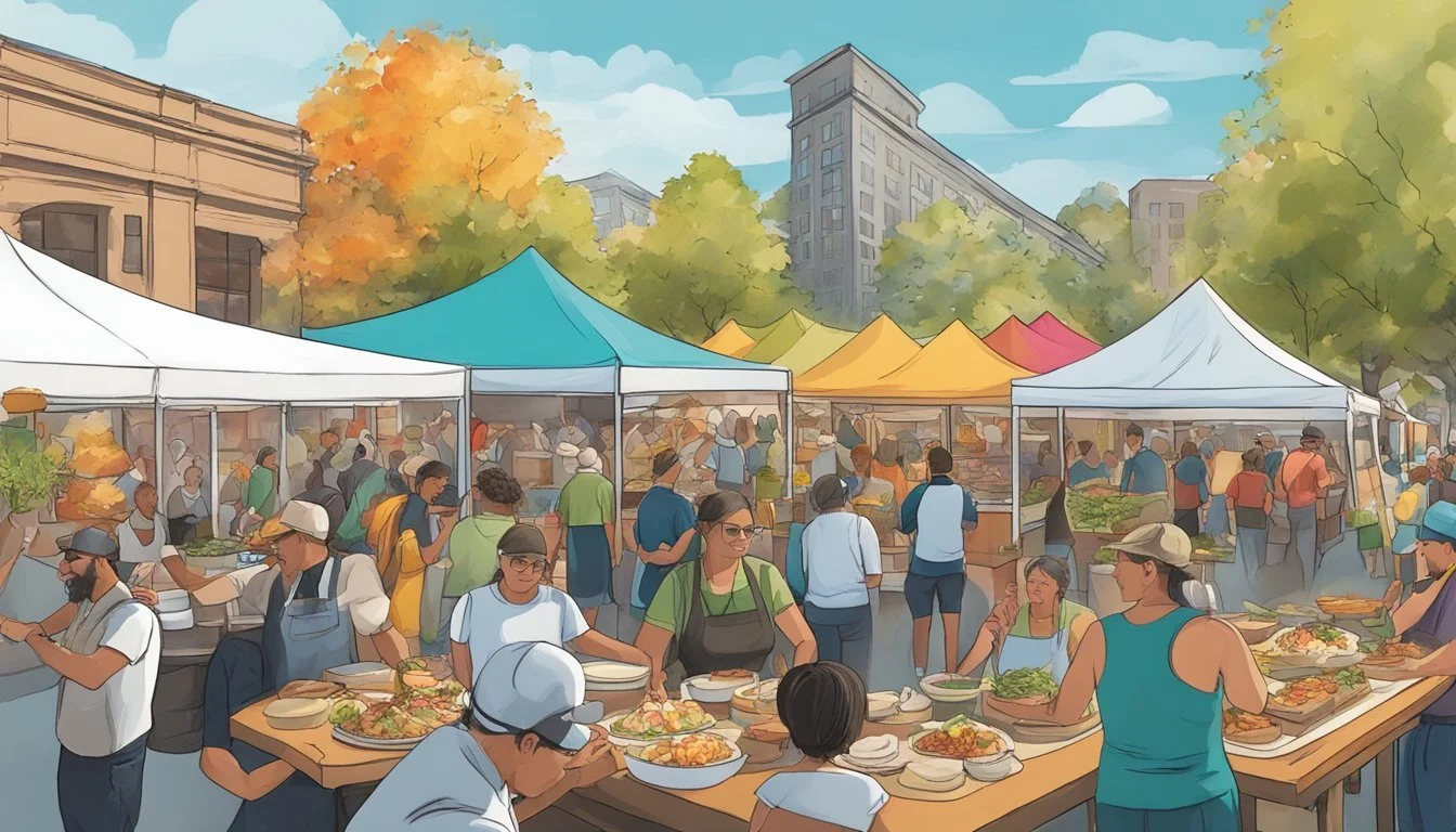 Vibrant food vendors and chefs showcase their culinary skills at Feast Portland, surrounded by eager attendees sampling an array of delicious dishes