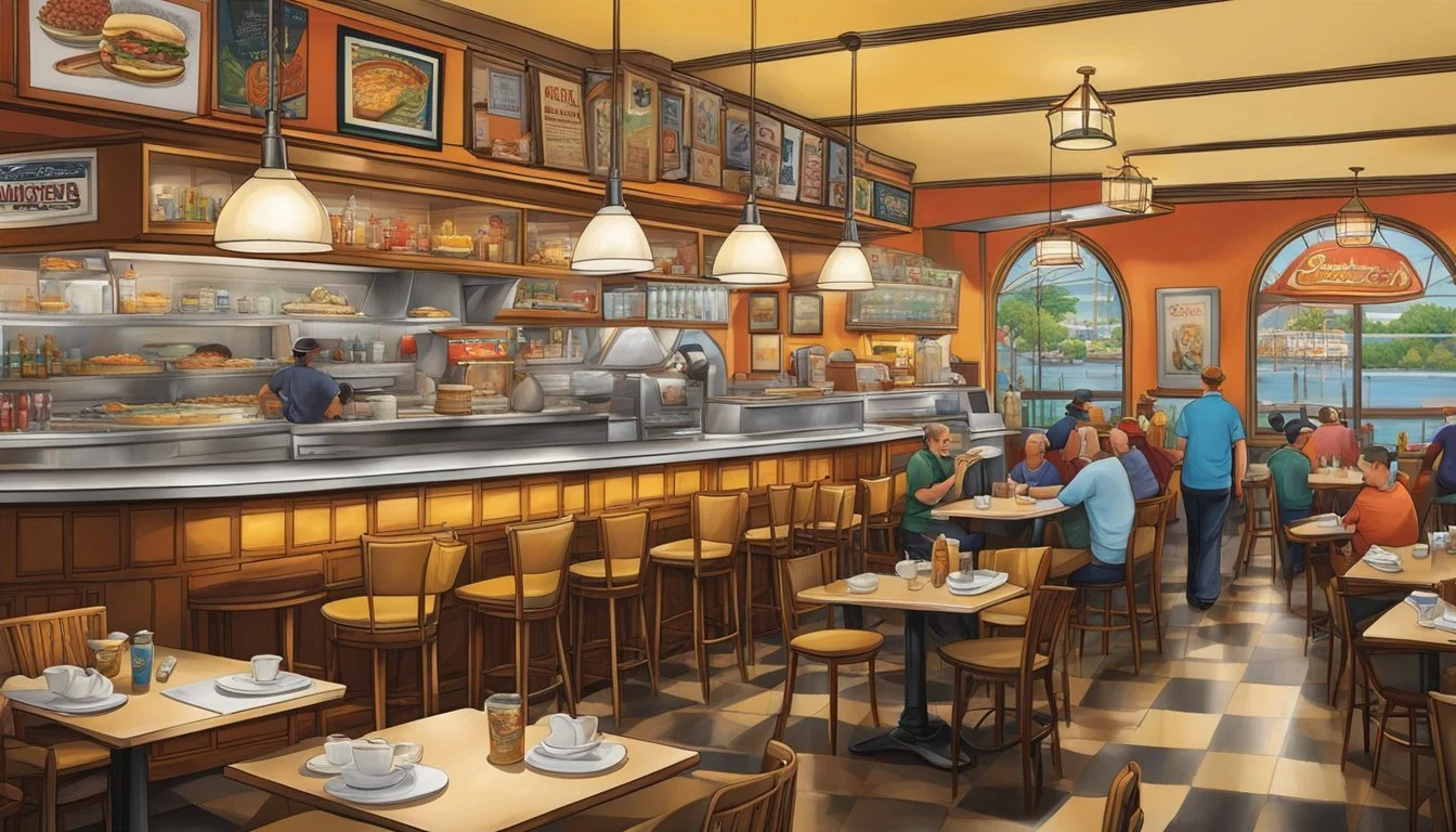 The bustling restaurant features a mix of dine-in and takeaway customers, with the aroma of Detroit's famous cuisine filling the air. The interior is adorned with Motor City memorabilia, creating a nostalgic atmosphere