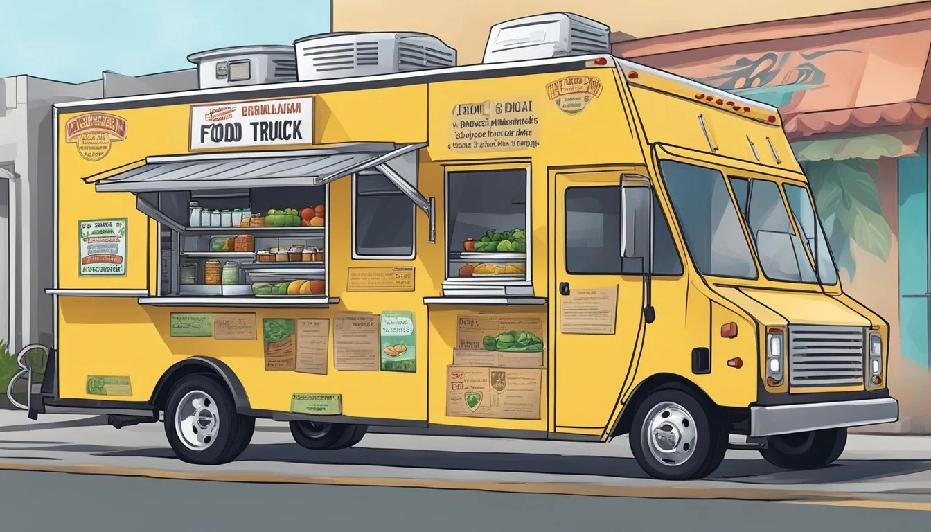 A food truck parked in Port St. Lucie, Florida, displaying health and safety compliance signs and following local food truck laws