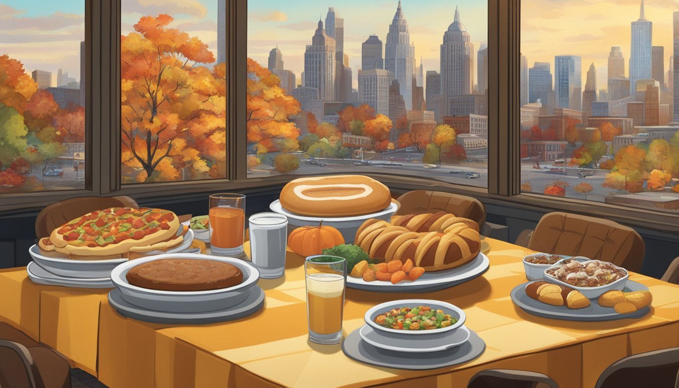 A table is set with a variety of Detroit-inspired dishes, from coney dogs to paczki. The city skyline is visible through the window, with fall leaves scattered across the ground