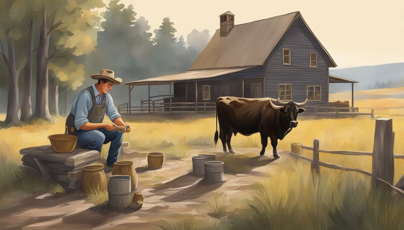 A small homesteader tends to their Dexter cattle, tending to their needs and observing their behavior in a rustic, rural setting