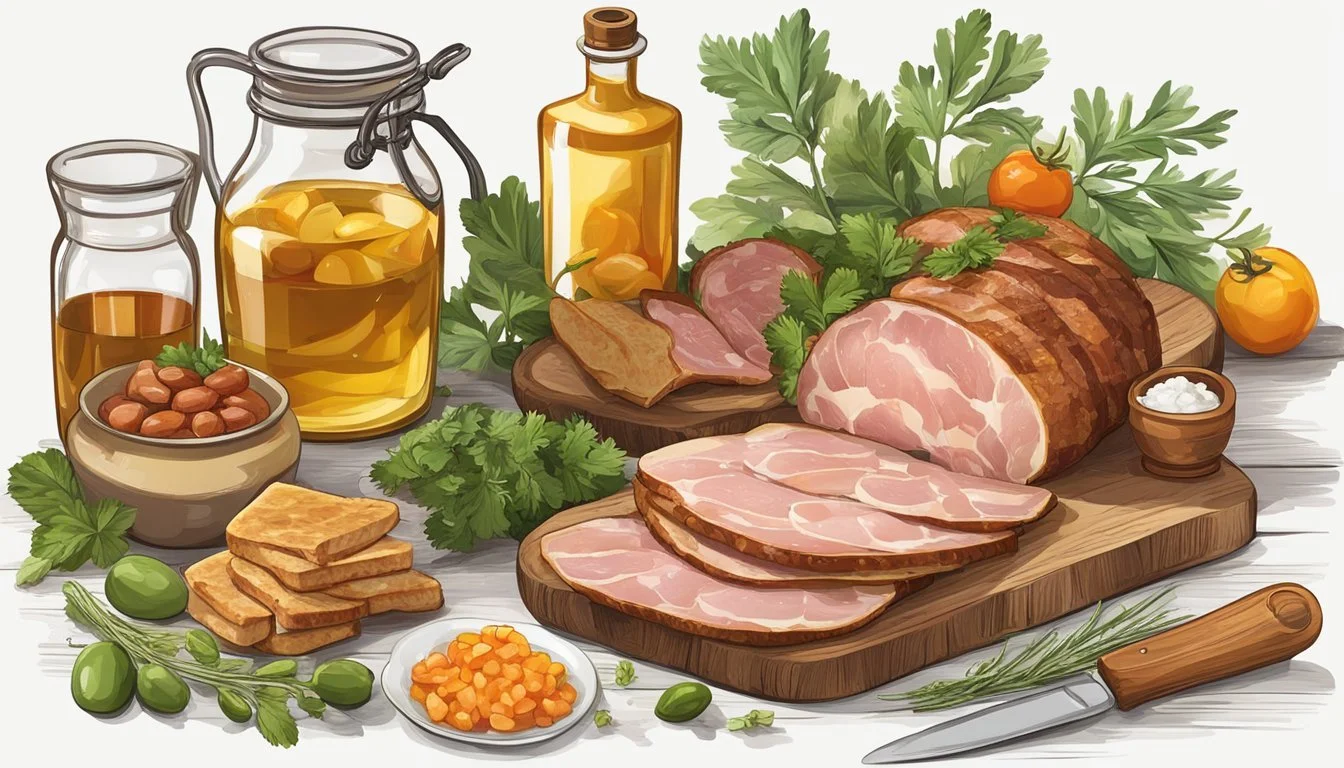A table set with various types of cured pork fat, accompanied by pickled vegetables and bread. A bottle of vodka and glasses are also present, suggesting a traditional Ukrainian meal