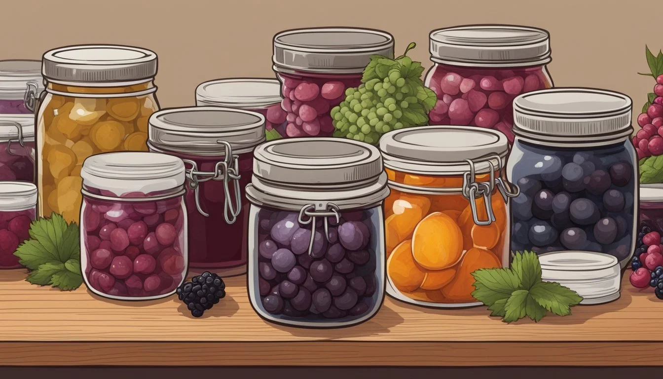 A jar of lacto-fermented berry preserves sits on a wooden shelf, surrounded by other preserved foods. The jar is sealed with a lid and labeled with the date of fermentation