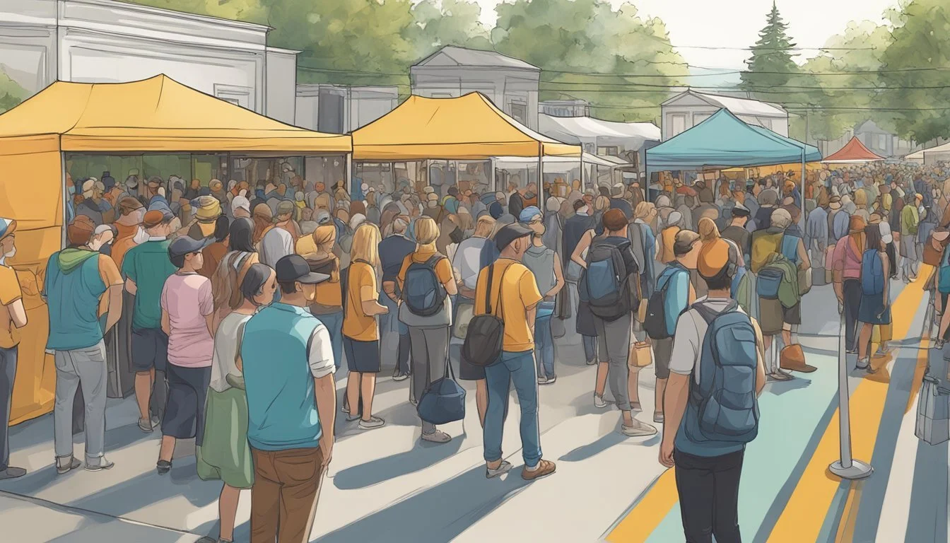 Crowds gather at the entrance to Feast Portland, with ticketing booths and security checkpoints. A line of eager attendees waits to gain access to the food and drink festival