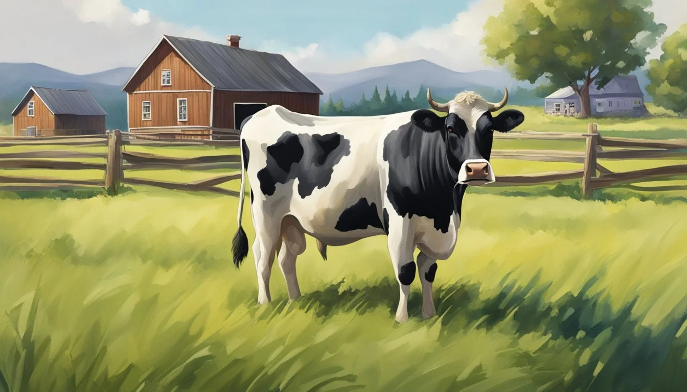 A Dexter cow stands in a lush pasture, surrounded by small homestead buildings. Its healthy coat and sturdy frame convey its potential as a source of high-quality, nutrient-rich products for small-scale farmers