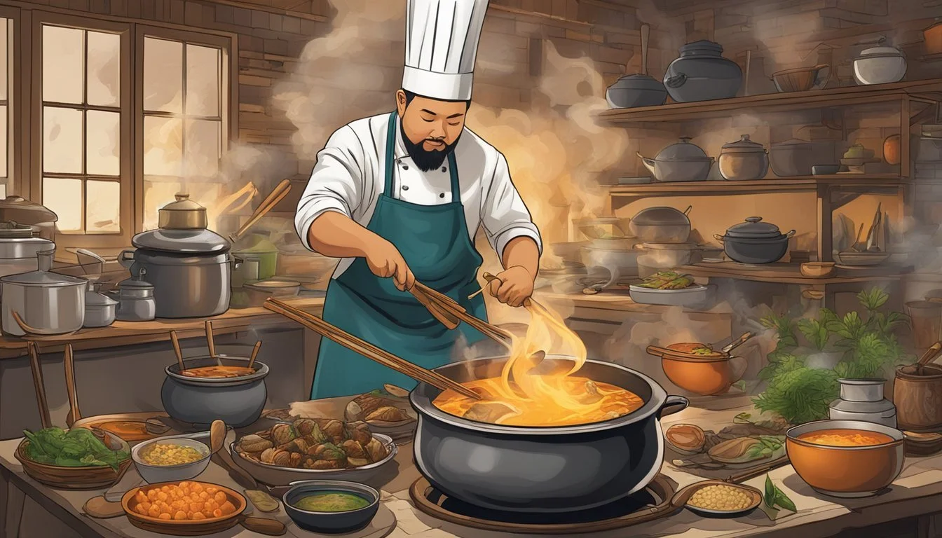 A chef stirs a pot of turtle soup over a roaring fire, surrounded by an array of traditional Asian and Southern cooking tools