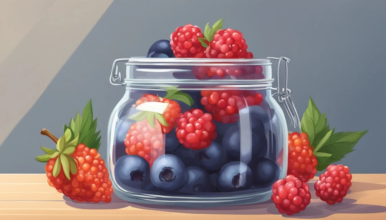 Berries in a glass jar, covered with brine, sitting on a countertop. A cloth secured over the top with a rubber band