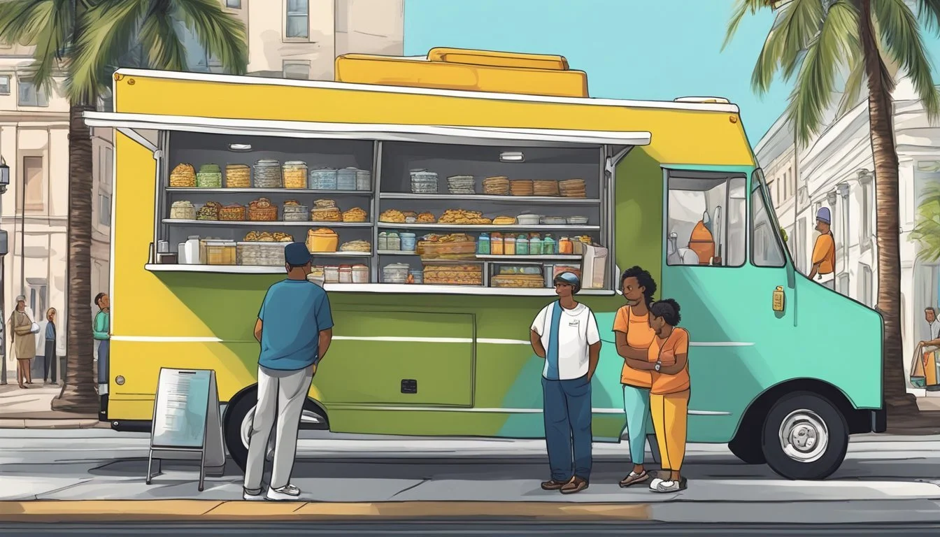 A food truck parked on a city street, surrounded by local authorities discussing food vending laws in St. Petersburg, Florida