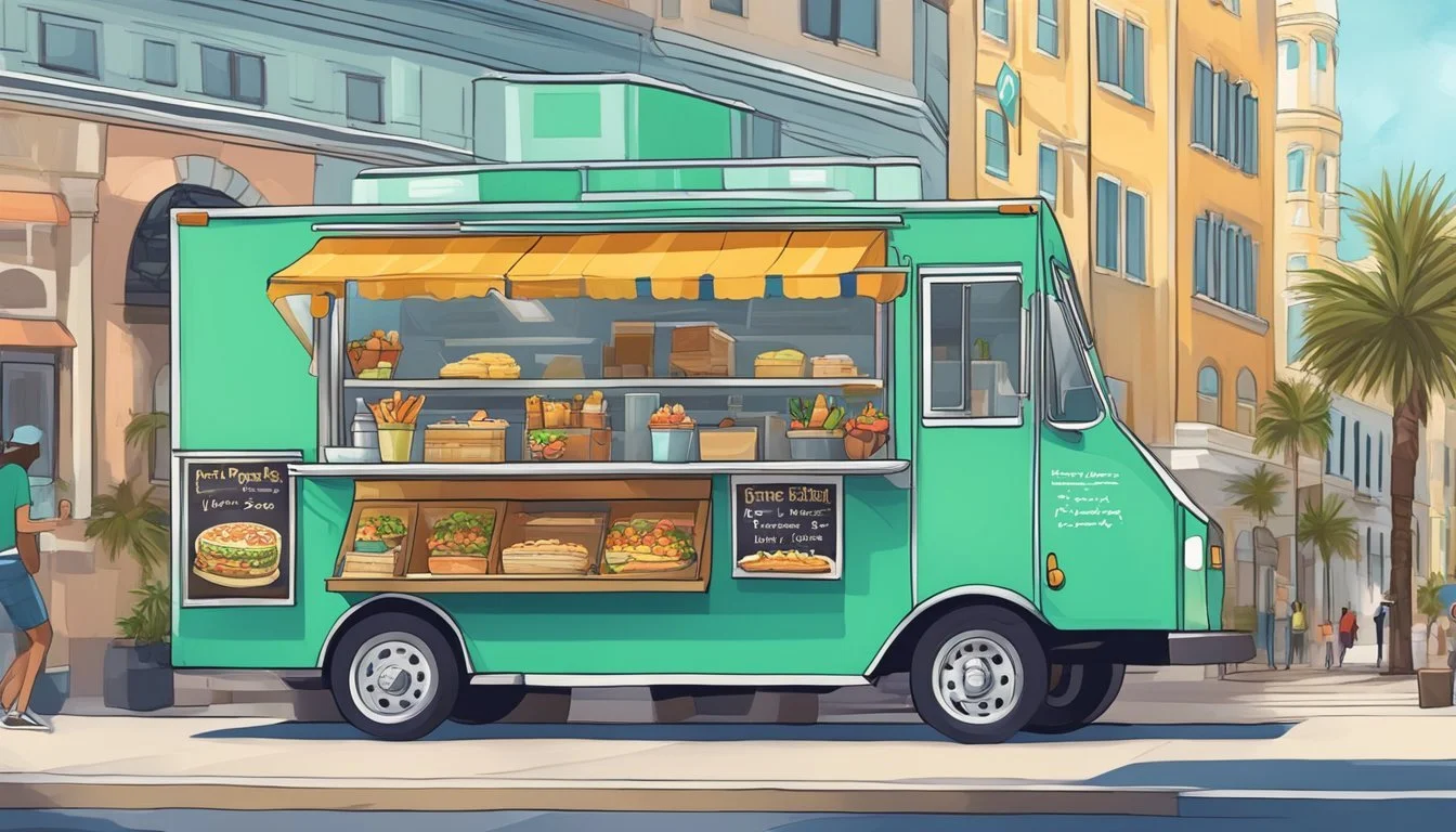 A food truck parked on a bustling street, with a sign displaying &quot;St. Petersburg, Florida Food Truck Laws&quot; prominently
