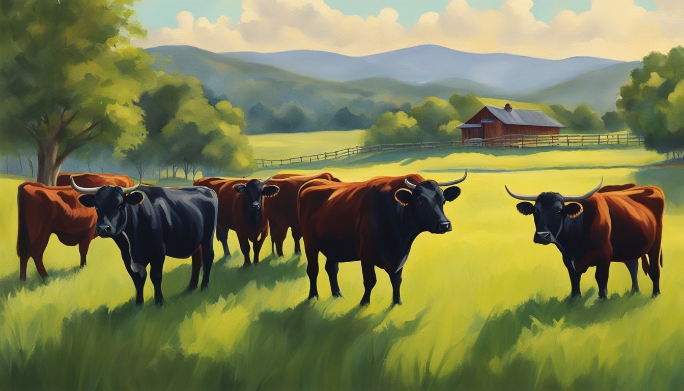 Dexter cattle graze peacefully in a lush green pasture, their small stature and dual-purpose nature evident. The sun highlights their rich red and black coats, while their sturdy build exudes resilience