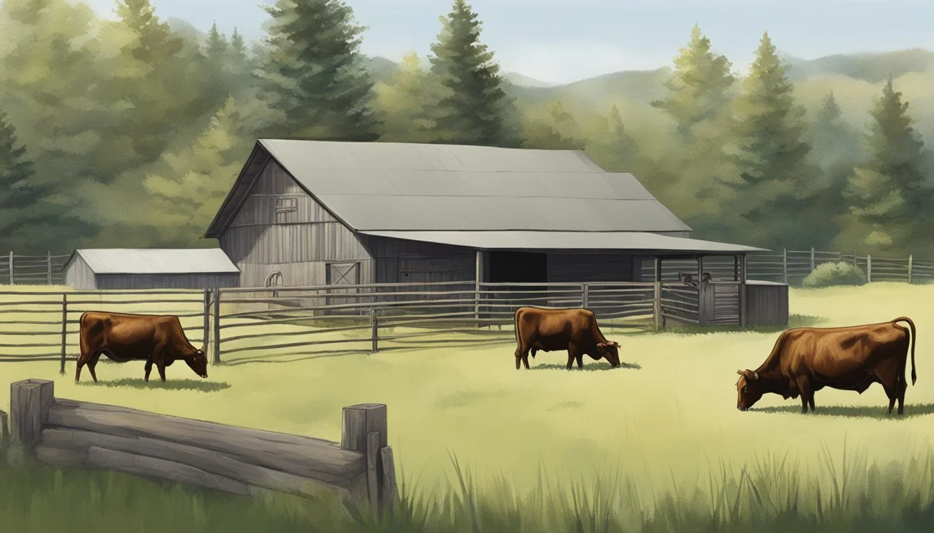 Dexter cattle grazing in a small homestead setting, with a mix of grass and shrubs in the background. A small barn or shelter can be seen nearby, with a water trough and fencing for containment