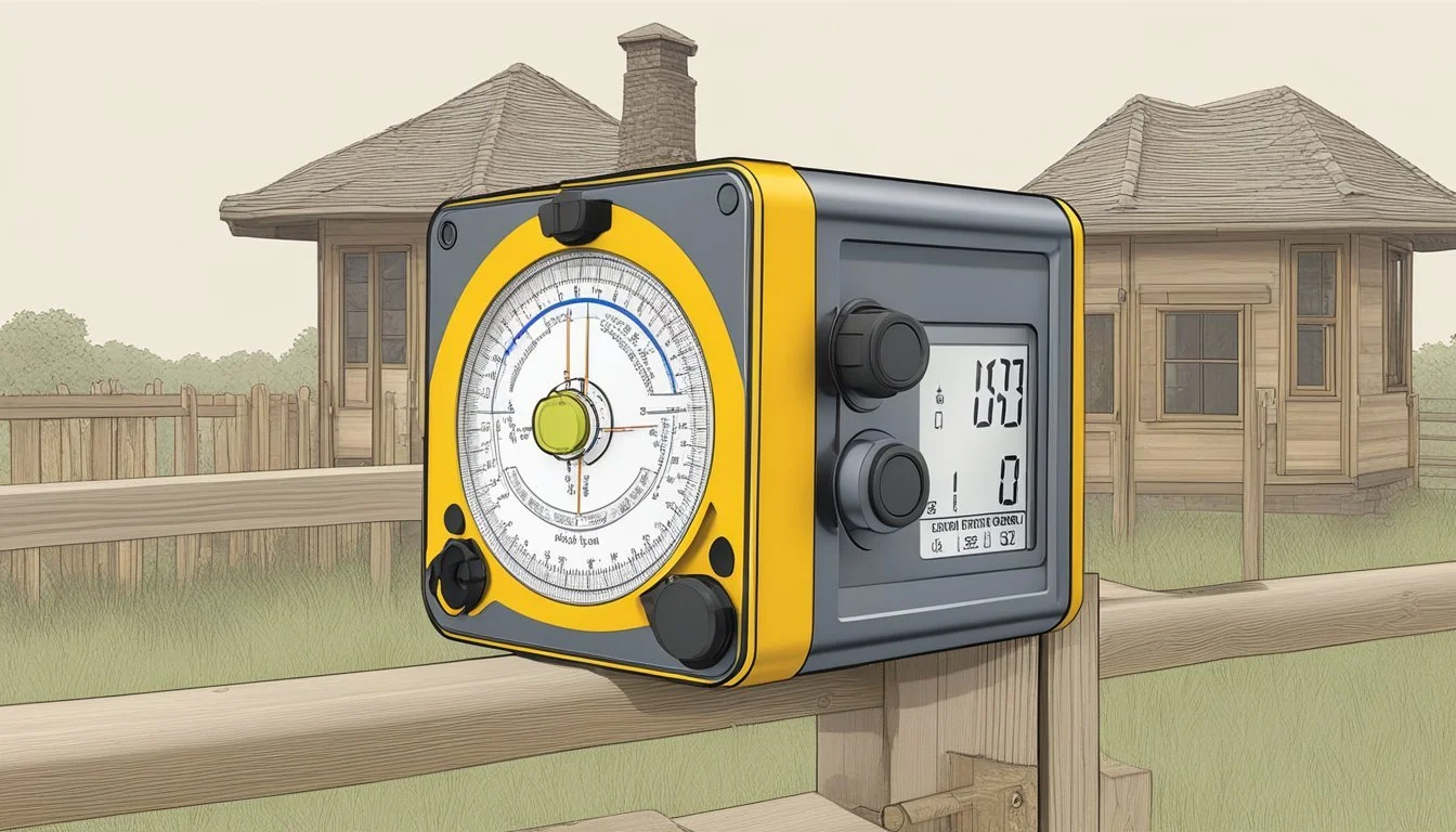 A digital angle finder is used to measure precise angles for building and land layout on a homestead. The tool is held against the surface being measured, providing accurate readings for optimal layout