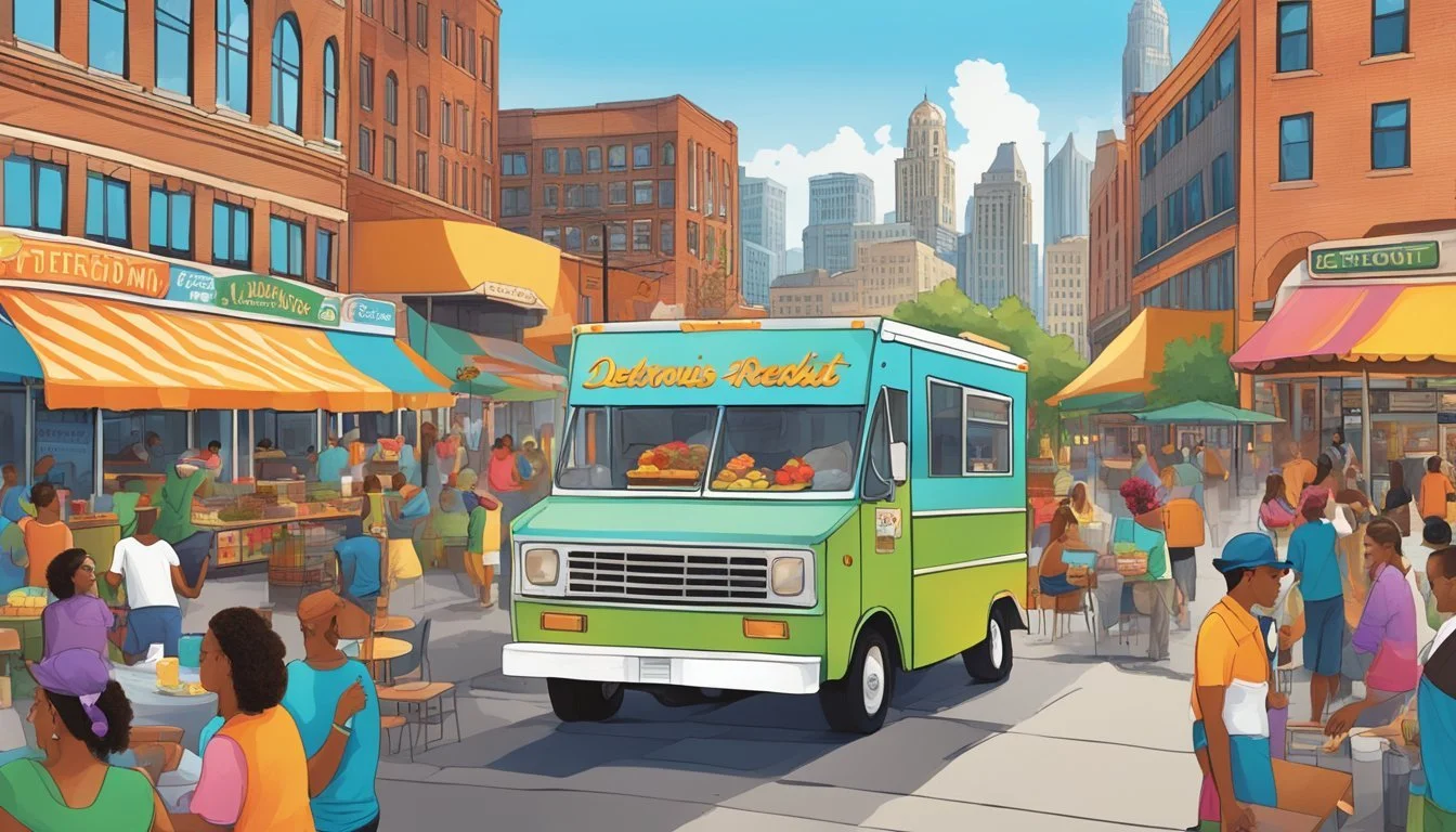 The bustling streets of Detroit, filled with colorful food trucks and lively music, surrounded by the iconic city skyline and the aroma of delicious local cuisine