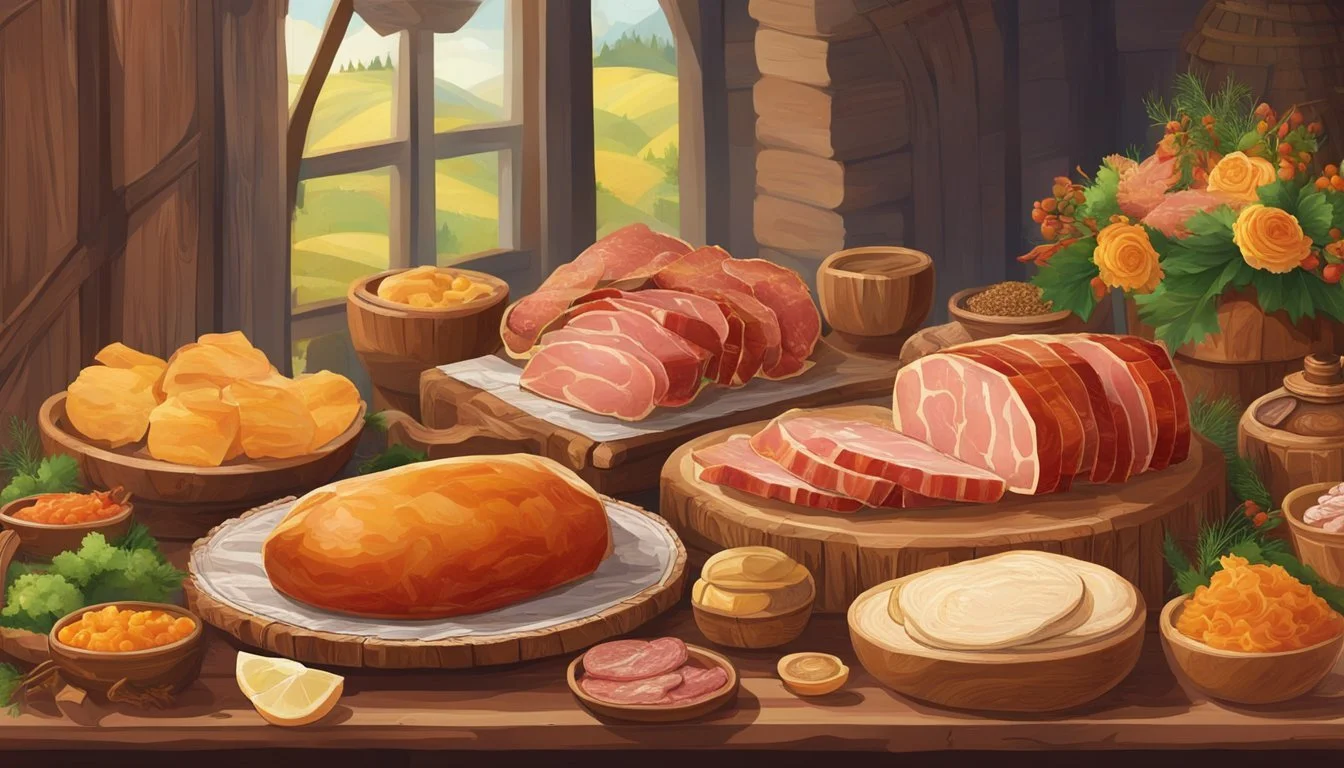 A table adorned with various cuts of cured pork fat, showcasing the different varieties of salo. A backdrop of traditional Ukrainian decor sets the scene