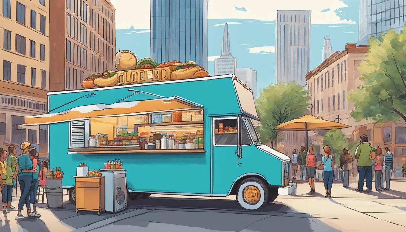 A food truck parked on a bustling street in Oklahoma City, with a line of customers waiting to order. The city skyline and a mix of traditional and modern buildings in the background