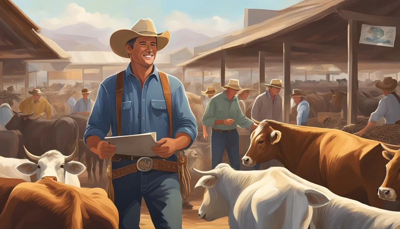 A rancher proudly presents their high-quality cattle and cattle products at a bustling market, showcasing their success in marketing and selling their livestock