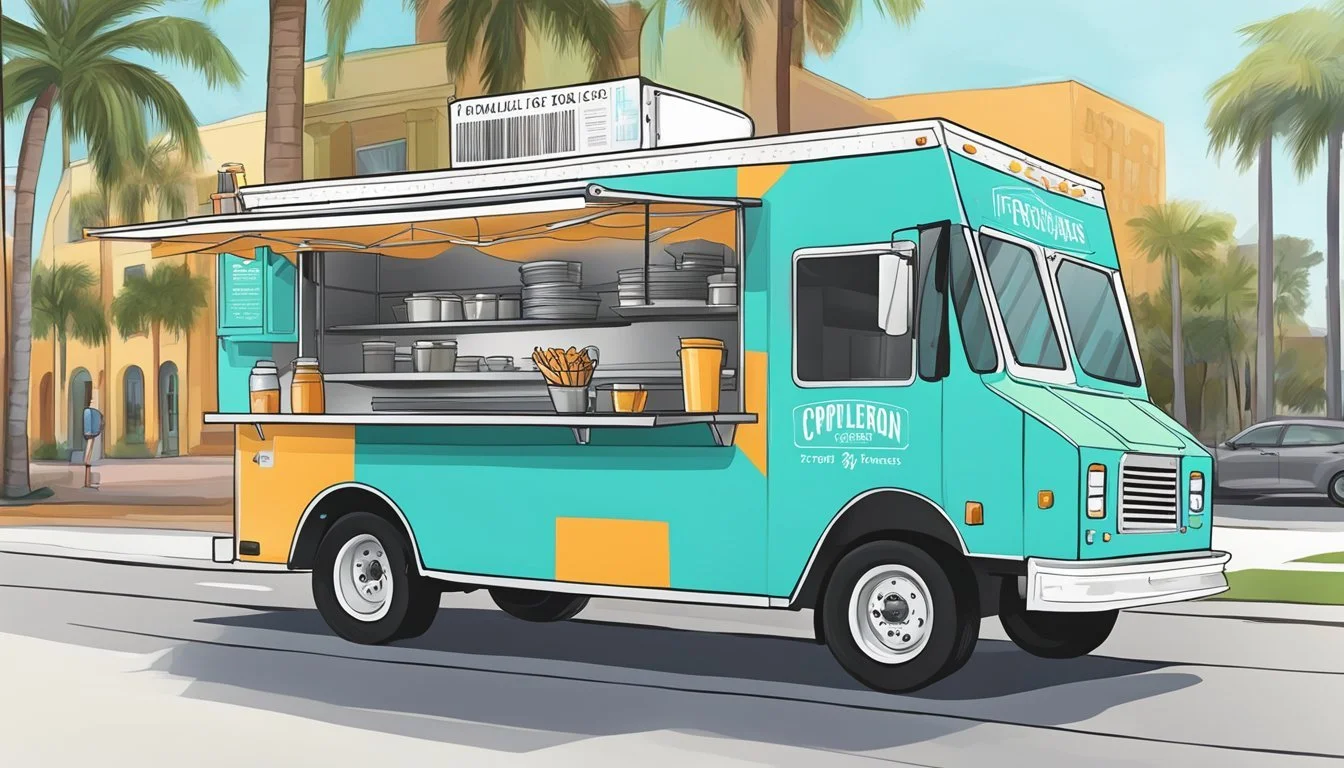 A food truck parked in St. Petersburg, Florida, with clear signage displaying compliance with local regulations