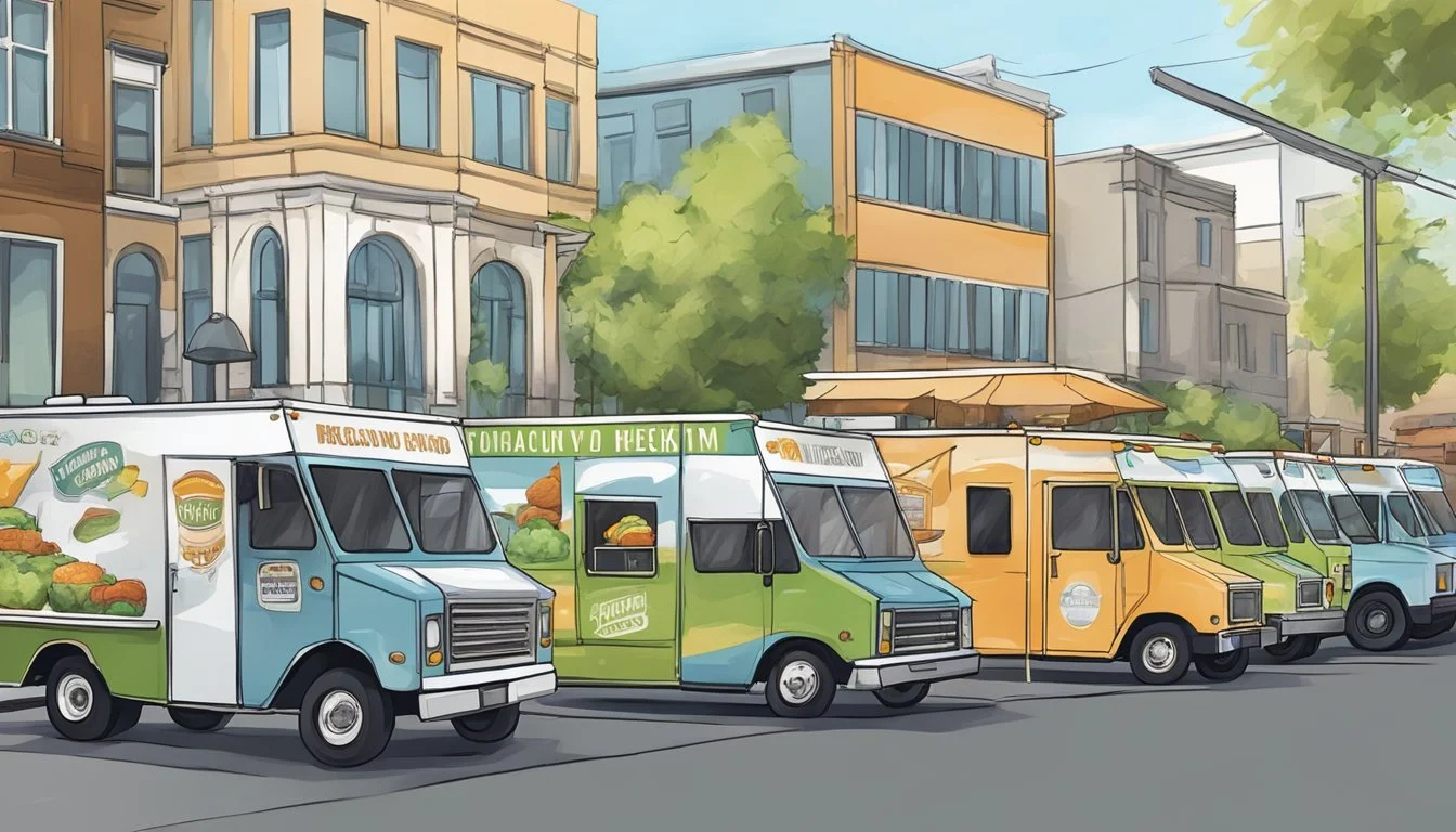 Food trucks line up on a city street, following the operational guidelines and laws of Vancouver, Washington. The trucks are parked and ready to serve customers