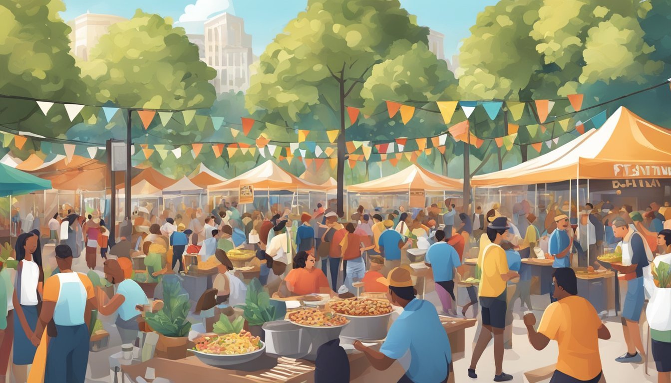 A bustling food festival with diverse vendors and enthusiastic attendees enjoying culinary delights in a lively outdoor setting