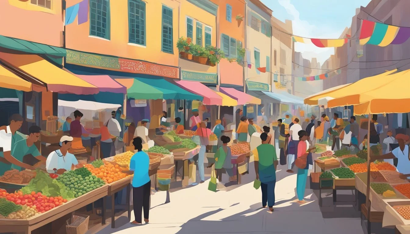 A bustling street market with colorful stalls and lively music, showcasing locally made goods and delicious food. Patrons mingle and chat with vendors, creating a vibrant and welcoming atmosphere