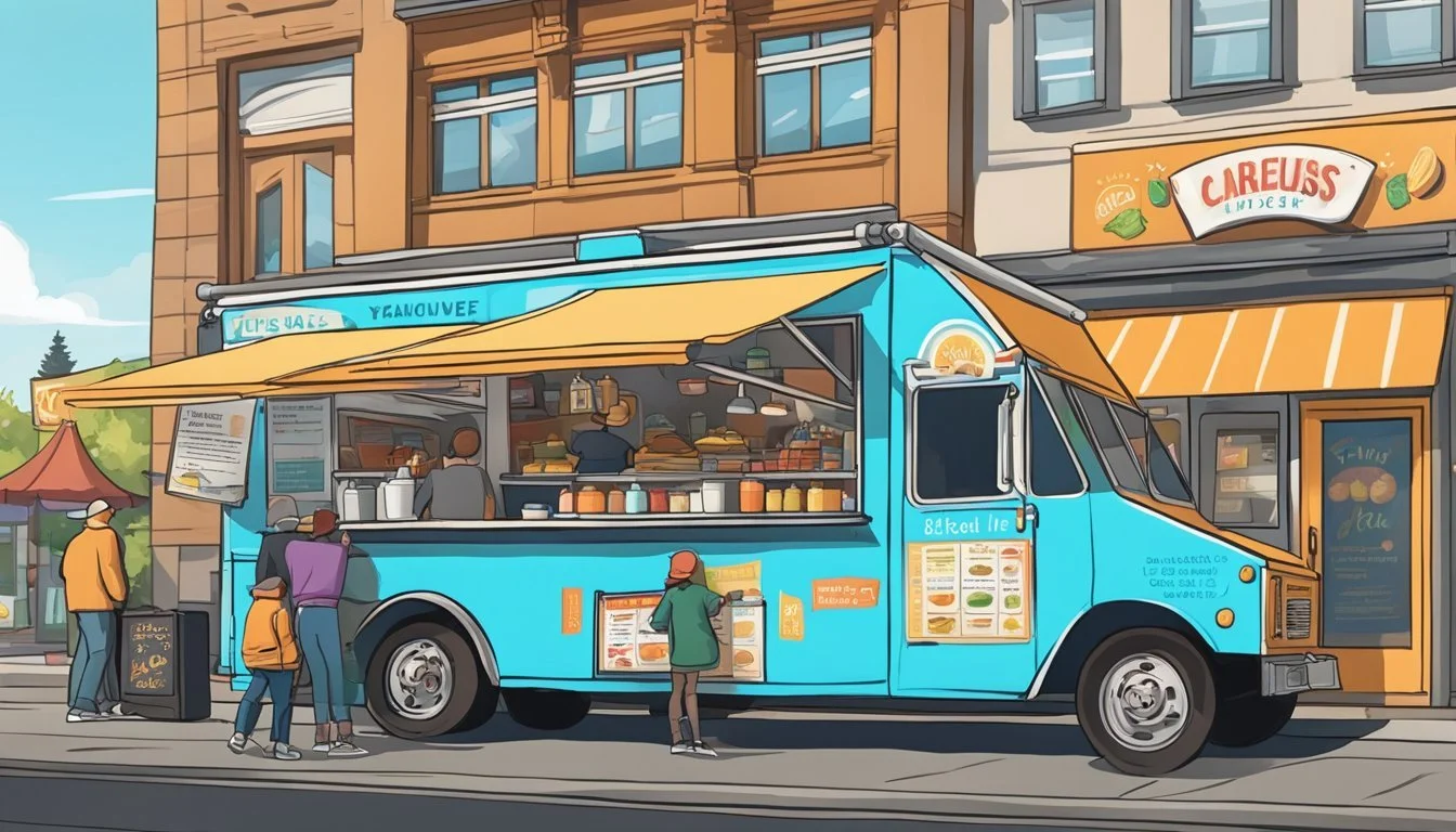 A food truck parked on a bustling street in Vancouver, Washington, with a line of customers eagerly waiting to order. The sun is shining, and the truck is adorned with colorful signage advertising its delicious menu options