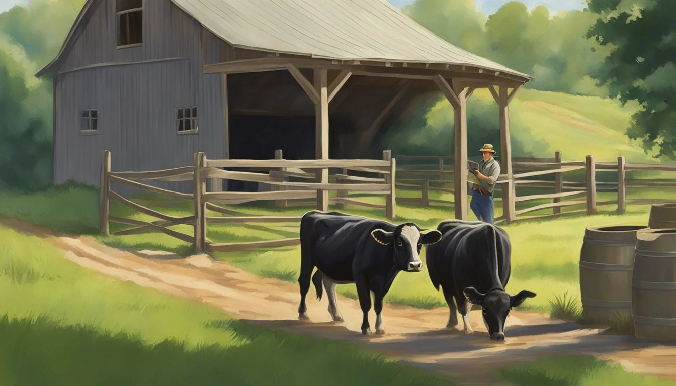 A small homesteader tending to Dexter cattle in a well-maintained barn, surrounded by lush green pastures. The cattle are healthy and content, with sturdy fencing and clean water sources