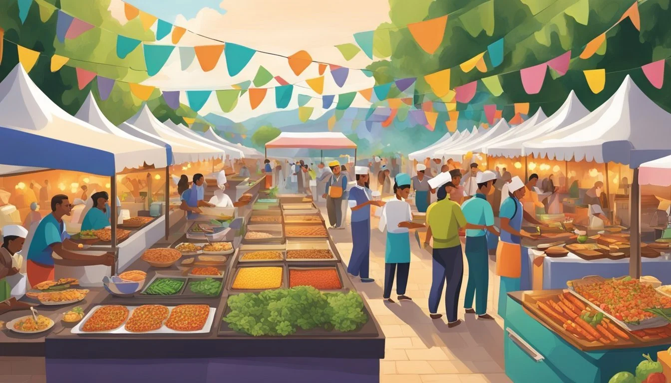 A bustling food festival with colorful tents, sizzling grills, and aromatic spices filling the air. Tables are adorned with decadent dishes and vibrant produce, while chefs skillfully prepare their culinary creations