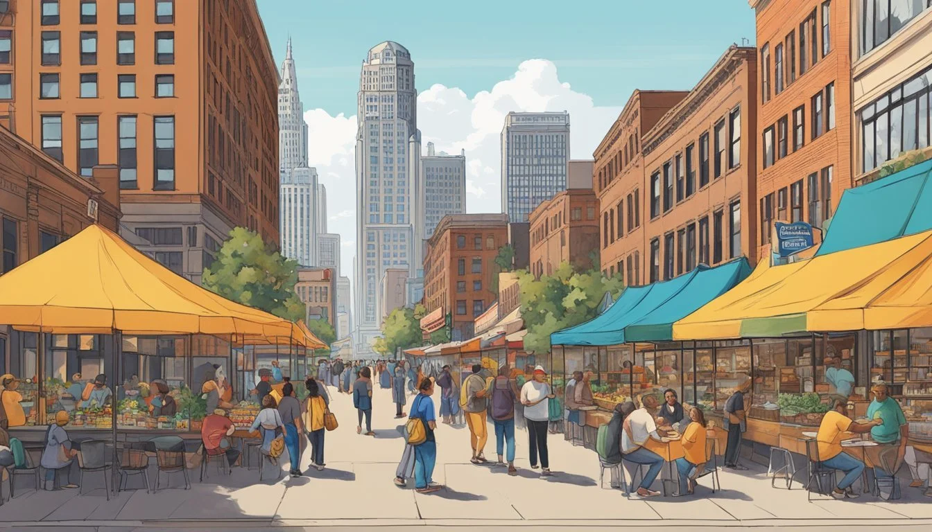 The bustling streets of Detroit are filled with food vendors and tour guides, offering a variety of culinary delights to eager visitors. A lively atmosphere permeates the scene as people sample the diverse flavors of the city