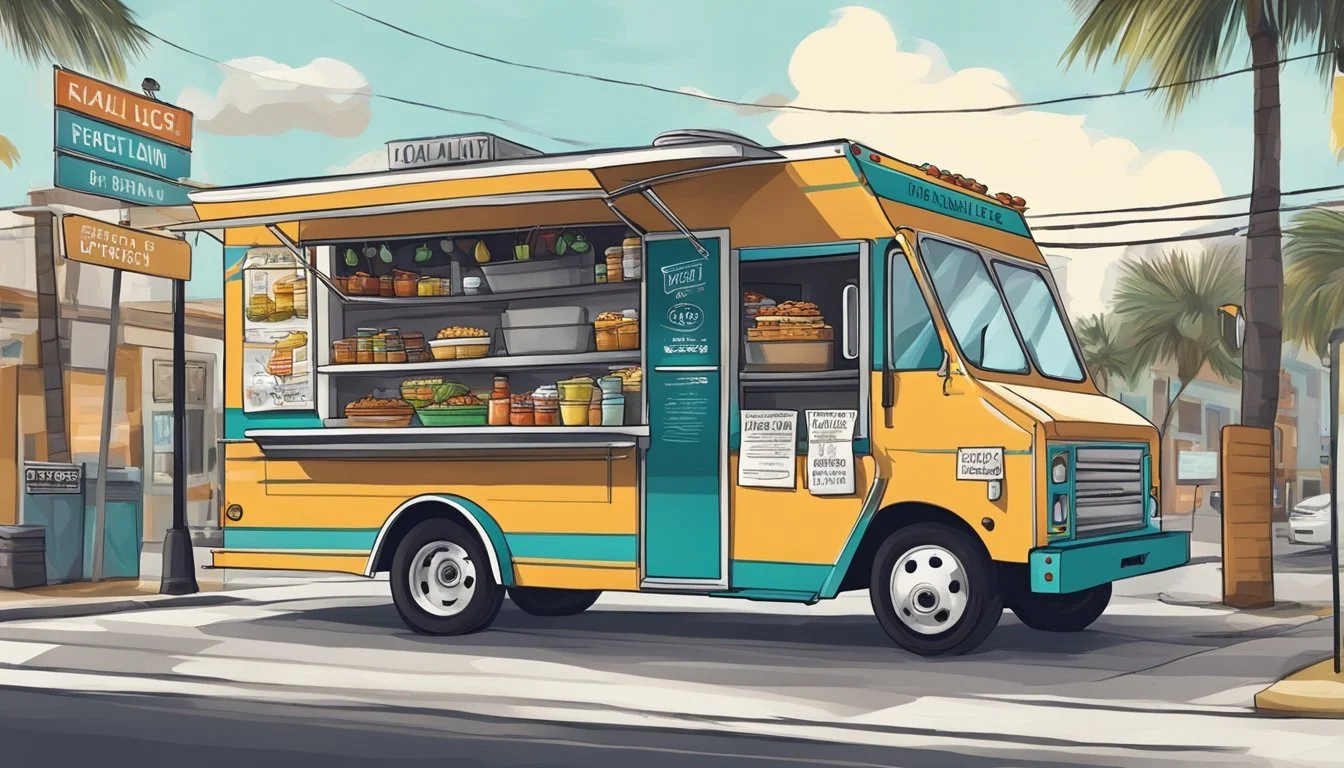 A food truck parked on a bustling street in Port St. Lucie, Florida, with a sign displaying local food laws and regulations