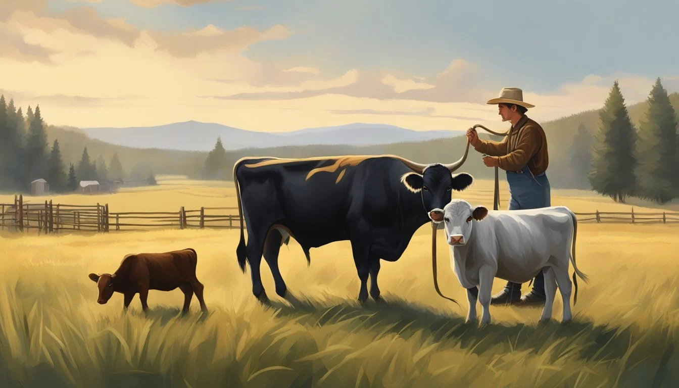 A small homesteader tends to Dexter cattle, showcasing their compact size and dual-purpose capabilities for milk and meat production