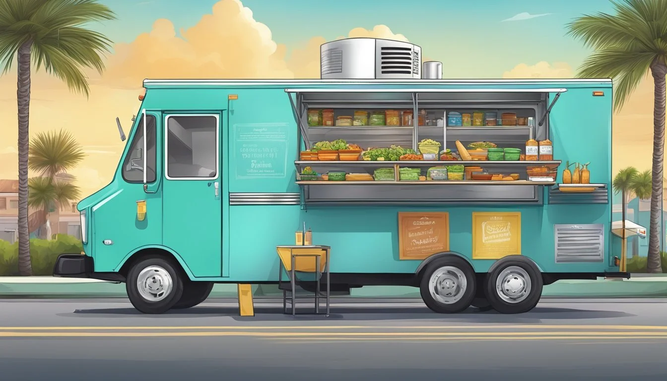 A food truck parked in St. Petersburg, Florida, displaying health and safety standards and following local food truck laws