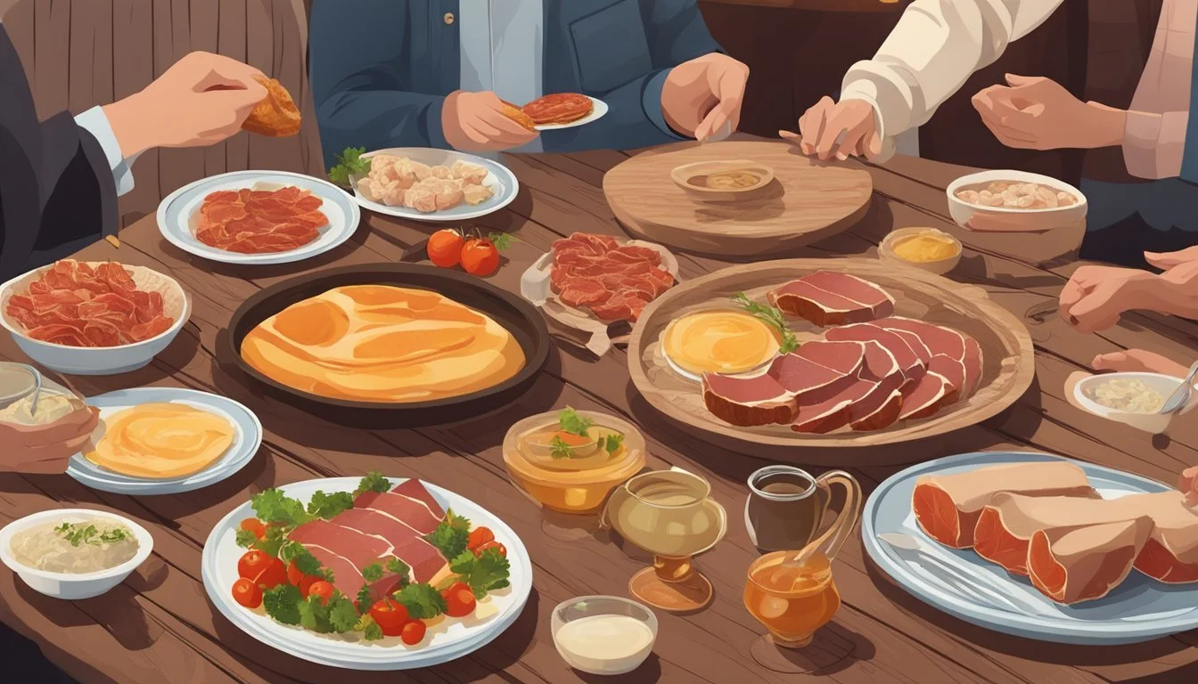 A table set with various plates of cured pork fat, surrounded by people sharing and enjoying the traditional Ukrainian delicacy