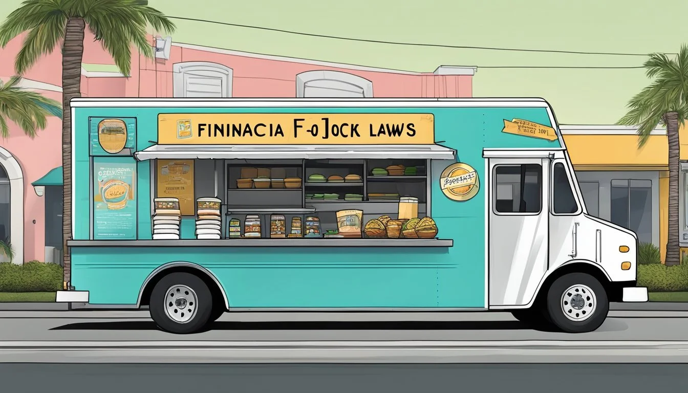 A food truck parked in Port St. Lucie, Florida, displaying signage for financial considerations and complying with local food truck laws