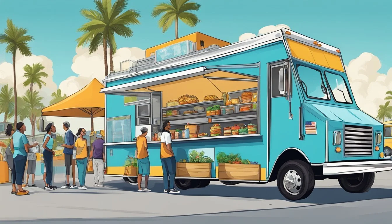 A food truck parked in Port St. Lucie, Florida, with a team and management discussing food truck laws