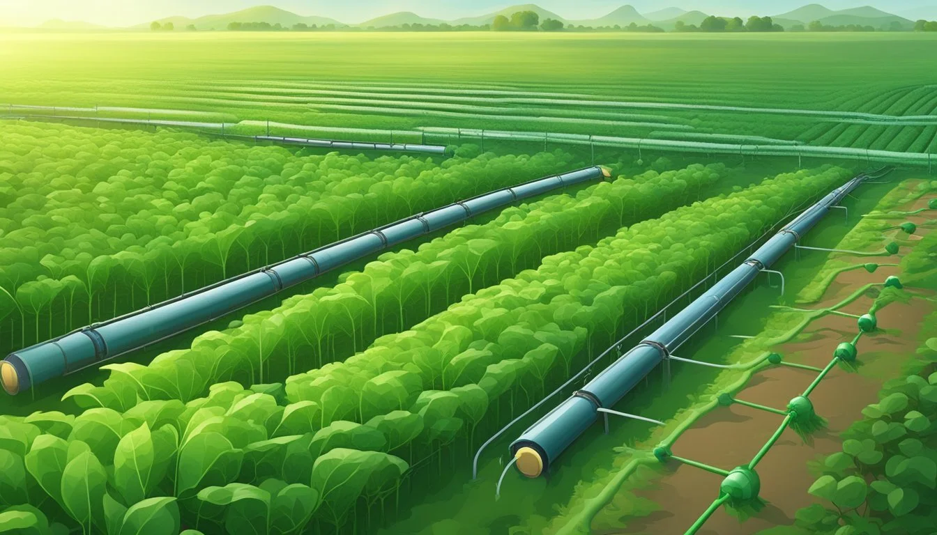 A lush green field stretches into the distance, with a network of small tubes and emitters delivering water directly to the plant roots, maximizing crop watering efficiency