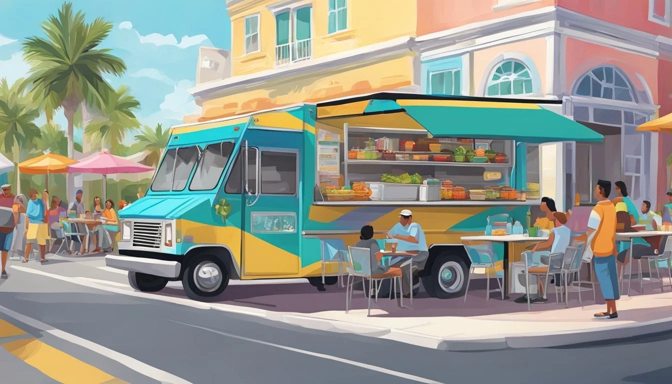 A food truck parked on a bustling street in Port St. Lucie, Florida, with a line of customers waiting to order. The truck is adorned with colorful signage and serving up delicious dishes