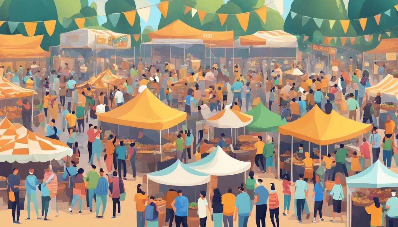 Crowded festival with food vendors, signs promoting safety and regulations. People wear masks and maintain social distance. Security monitors the event