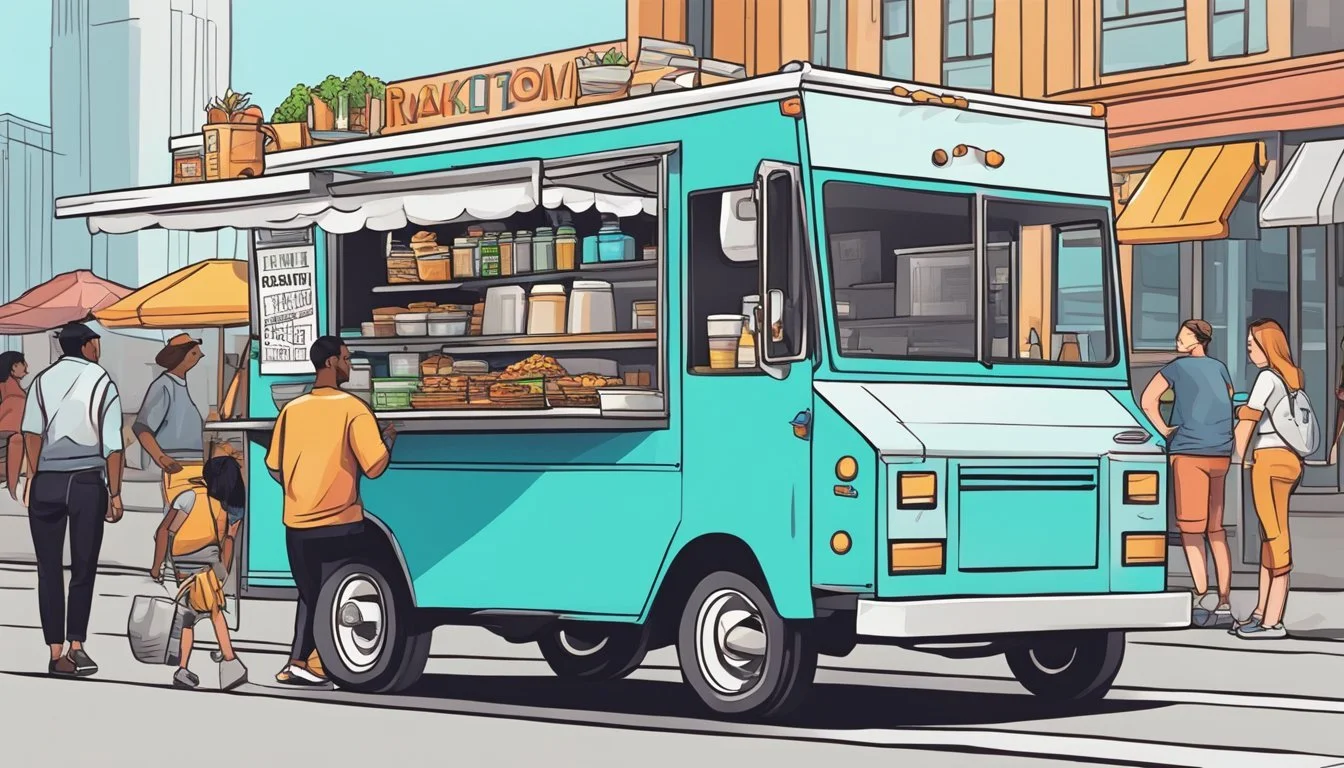 A food truck parked on a bustling street in Oklahoma City, with colorful signage and a line of customers waiting to order