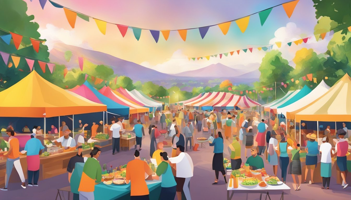 A bustling food festival with colorful tents, chefs cooking, and people enjoying gourmet dishes and drinks in the lively atmosphere