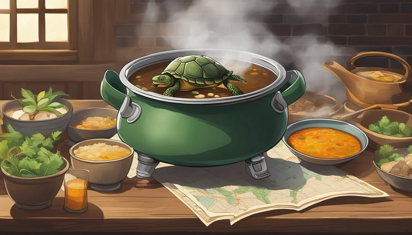 A steaming pot of turtle soup sits on a rustic wooden table, surrounded by vibrant Asian and Southern American ingredients. A map of the journey hangs on the wall