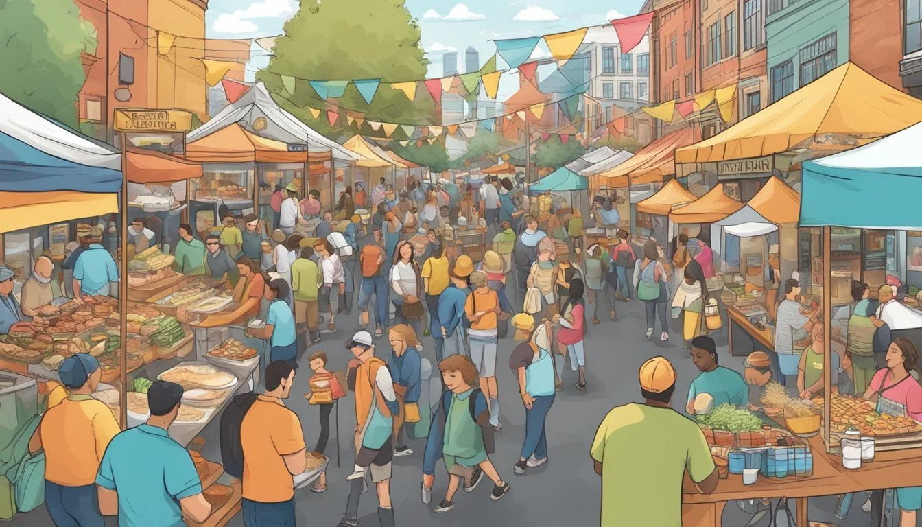 A bustling food festival with colorful banners, bustling crowds, and vendors showcasing their culinary creations in Portland, Oregon