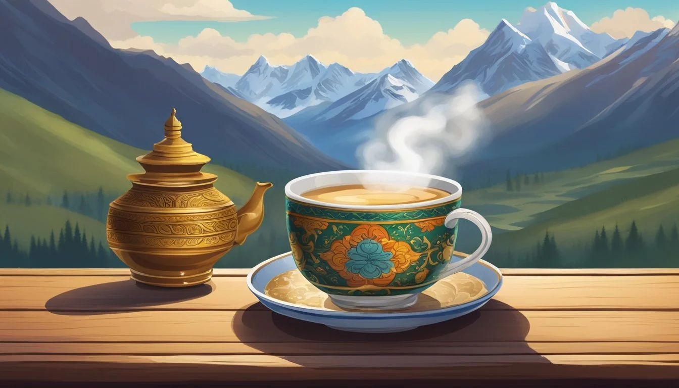 A steaming cup of crimson tea on a wooden table with Himalayan mountains in the background